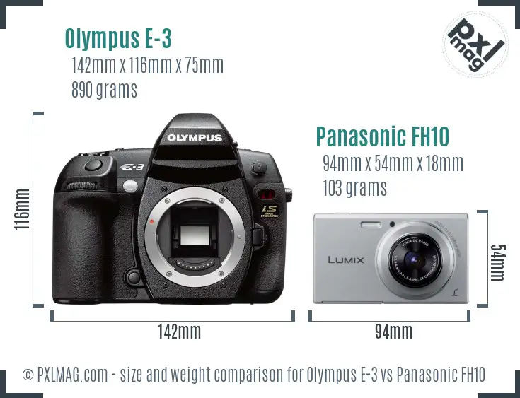 Olympus E-3 vs Panasonic FH10 size comparison