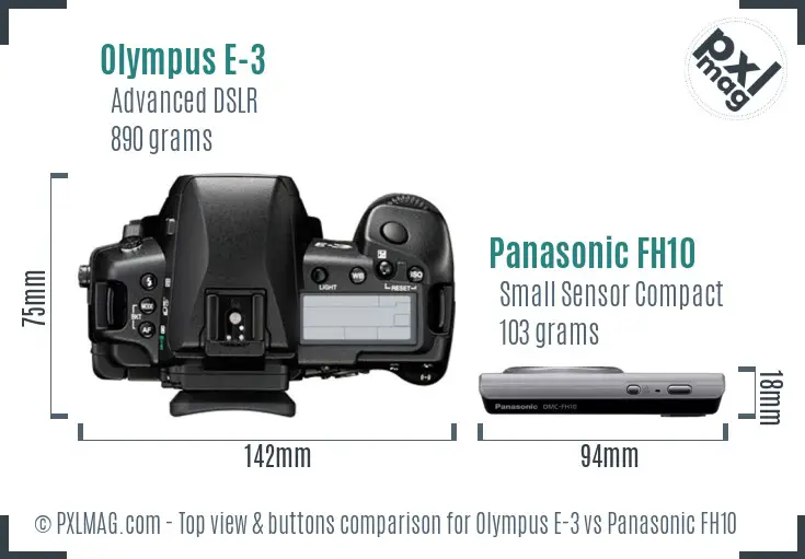 Olympus E-3 vs Panasonic FH10 top view buttons comparison
