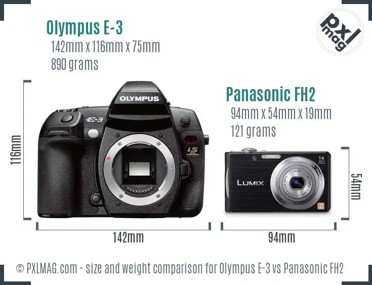 Olympus E-3 vs Panasonic FH2 size comparison