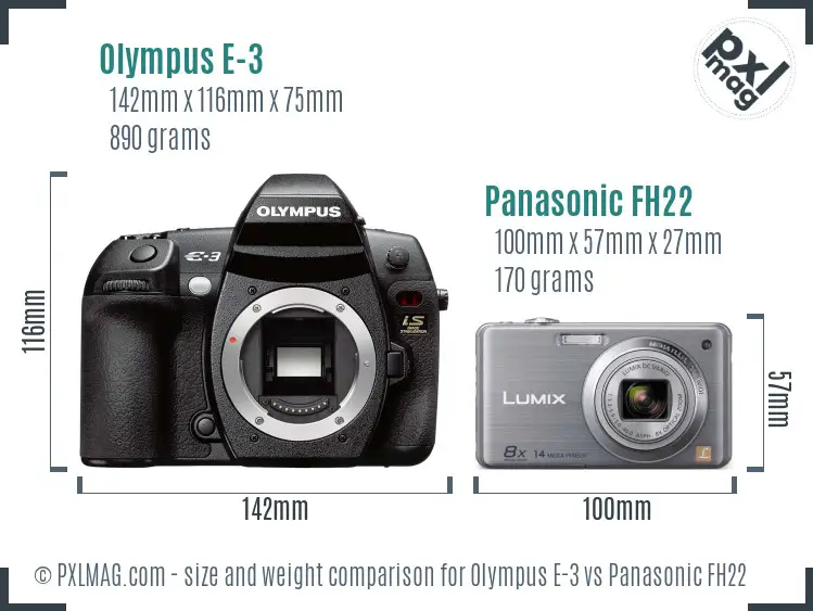 Olympus E-3 vs Panasonic FH22 size comparison
