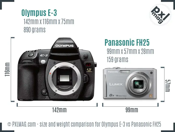 Olympus E-3 vs Panasonic FH25 size comparison