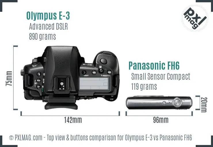 Olympus E-3 vs Panasonic FH6 top view buttons comparison