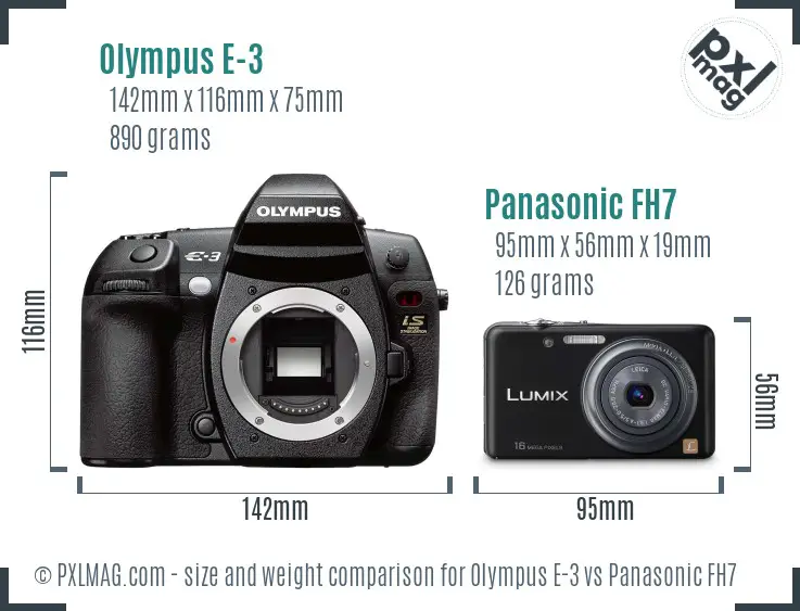 Olympus E-3 vs Panasonic FH7 size comparison