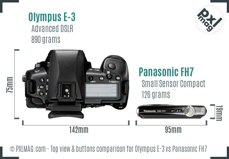 Olympus E-3 vs Panasonic FH7 top view buttons comparison