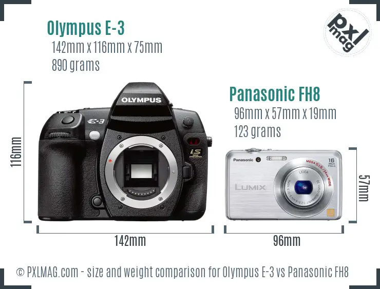 Olympus E-3 vs Panasonic FH8 size comparison