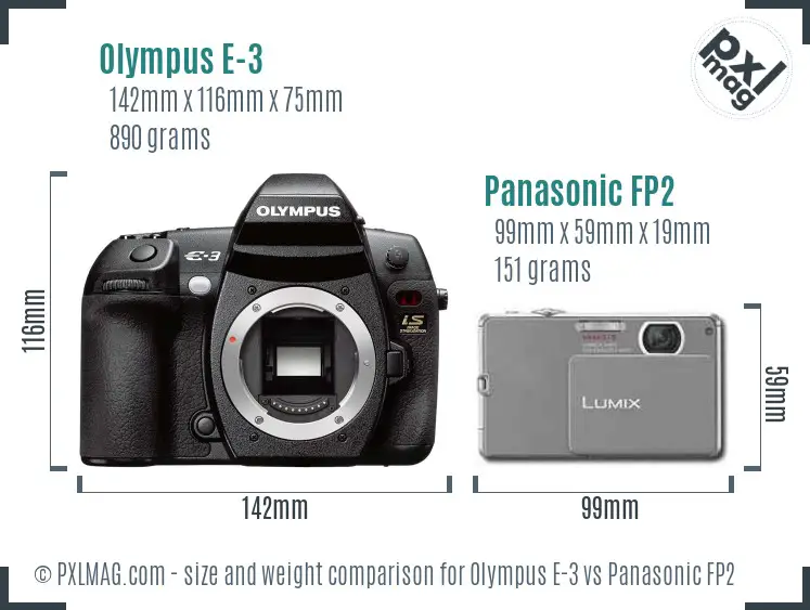 Olympus E-3 vs Panasonic FP2 size comparison