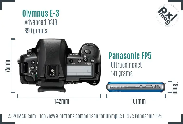 Olympus E-3 vs Panasonic FP5 top view buttons comparison