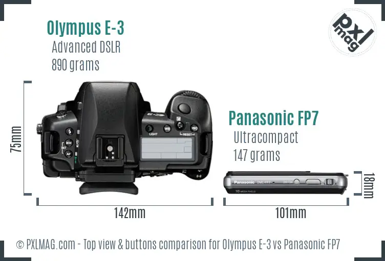 Olympus E-3 vs Panasonic FP7 top view buttons comparison