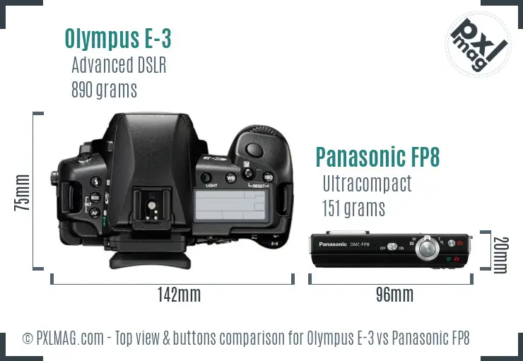 Olympus E-3 vs Panasonic FP8 top view buttons comparison