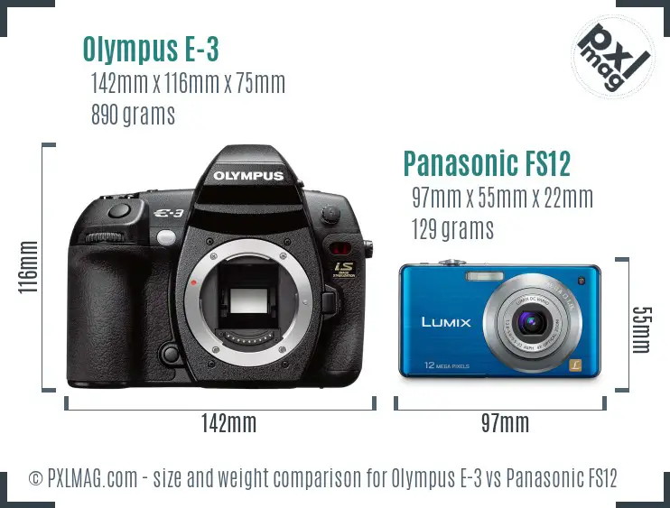 Olympus E-3 vs Panasonic FS12 size comparison