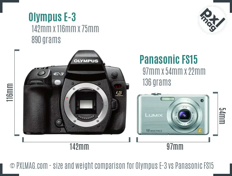 Olympus E-3 vs Panasonic FS15 size comparison