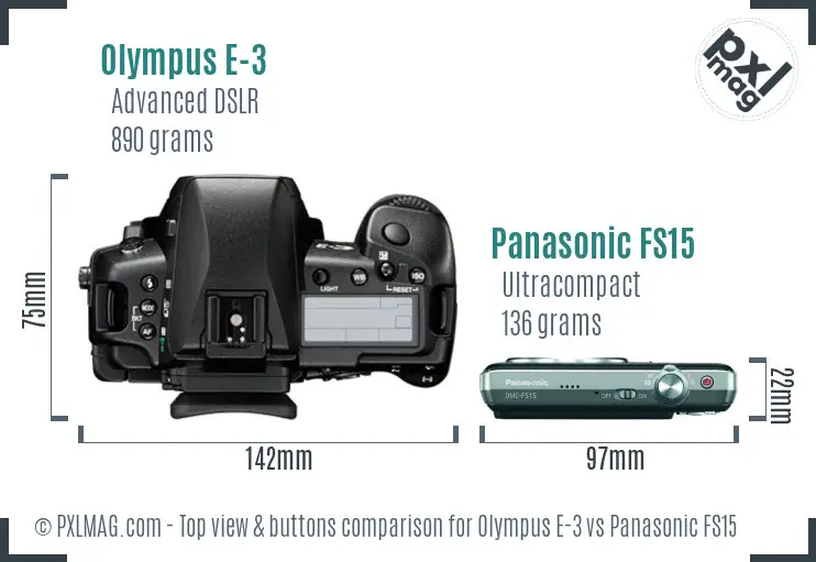 Olympus E-3 vs Panasonic FS15 top view buttons comparison
