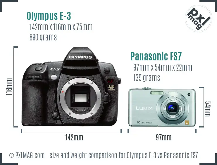 Olympus E-3 vs Panasonic FS7 size comparison