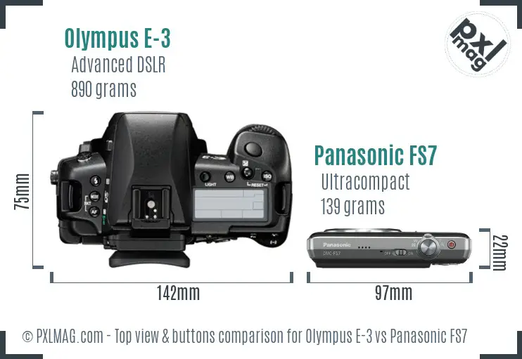 Olympus E-3 vs Panasonic FS7 top view buttons comparison