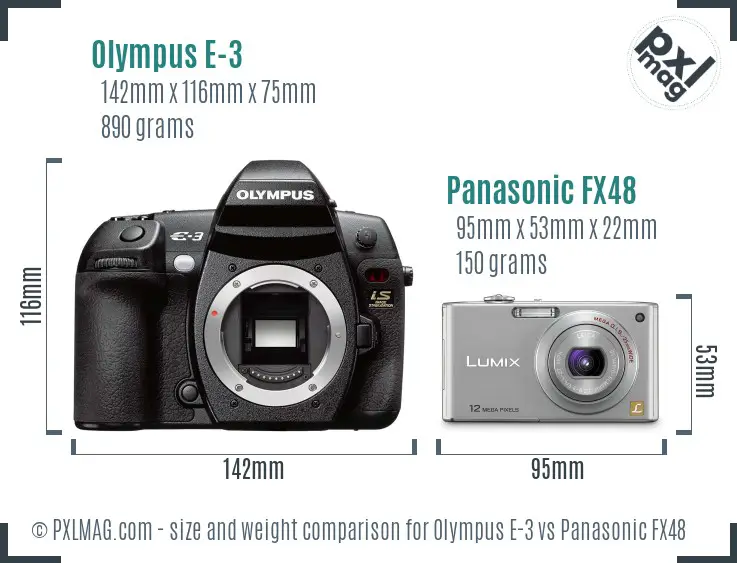 Olympus E-3 vs Panasonic FX48 size comparison