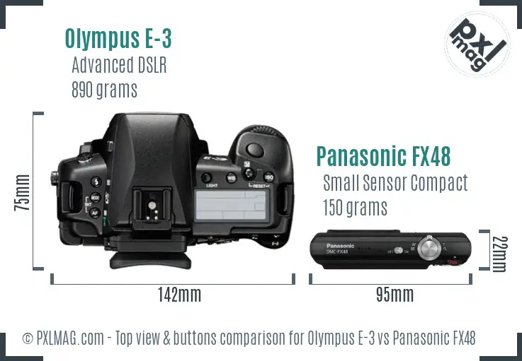 Olympus E-3 vs Panasonic FX48 top view buttons comparison