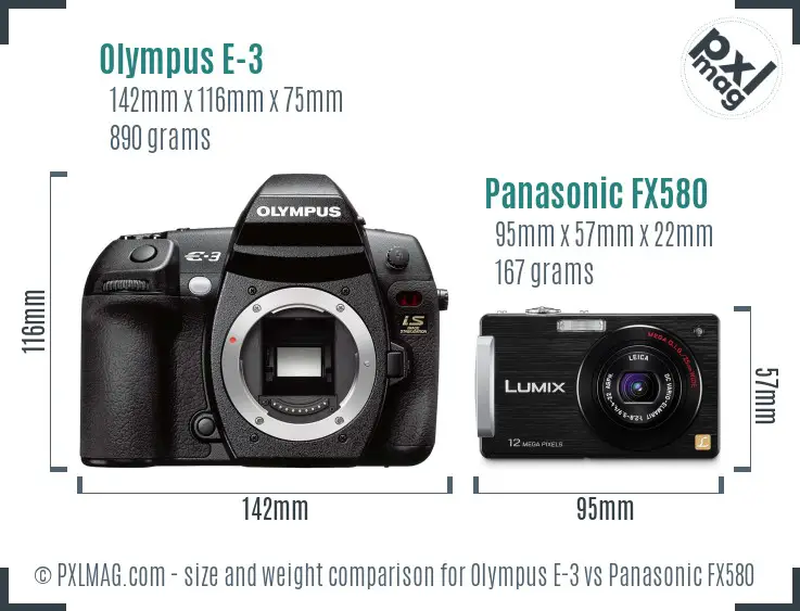 Olympus E-3 vs Panasonic FX580 size comparison
