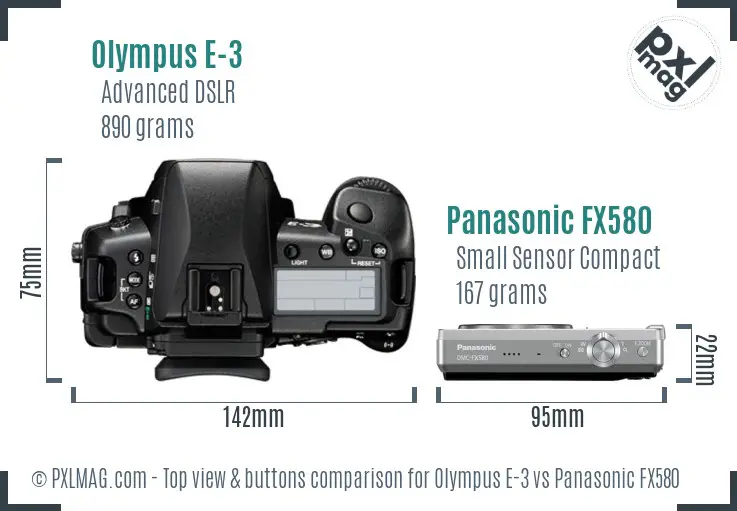 Olympus E-3 vs Panasonic FX580 top view buttons comparison