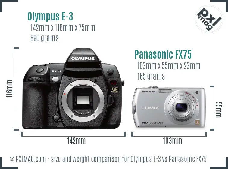 Olympus E-3 vs Panasonic FX75 size comparison