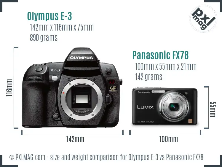 Olympus E-3 vs Panasonic FX78 size comparison