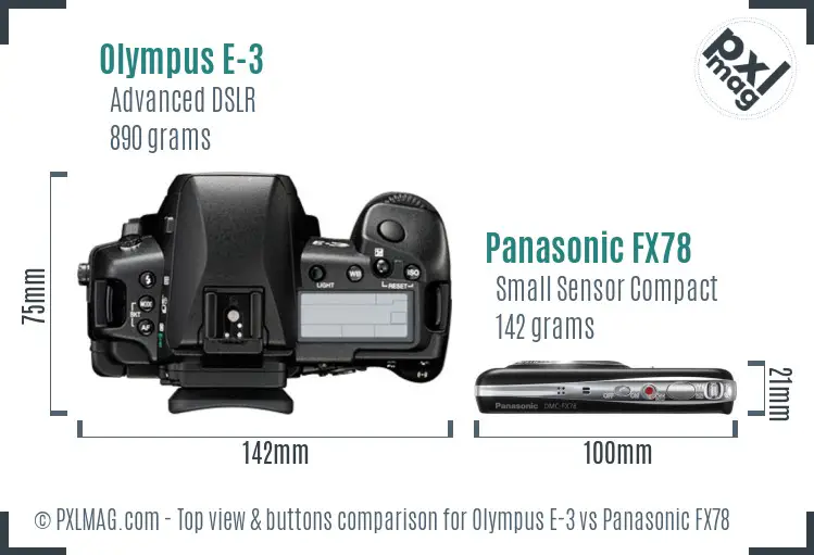 Olympus E-3 vs Panasonic FX78 top view buttons comparison