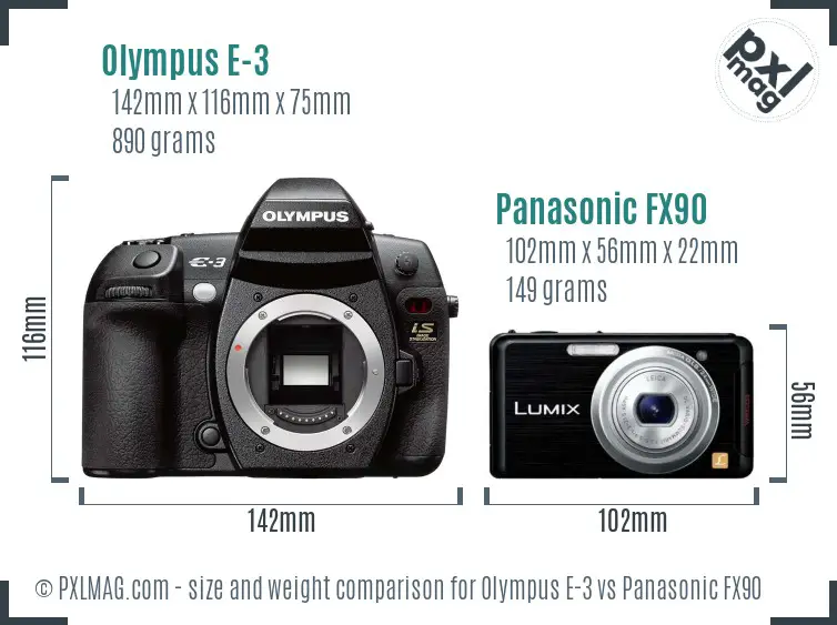 Olympus E-3 vs Panasonic FX90 size comparison