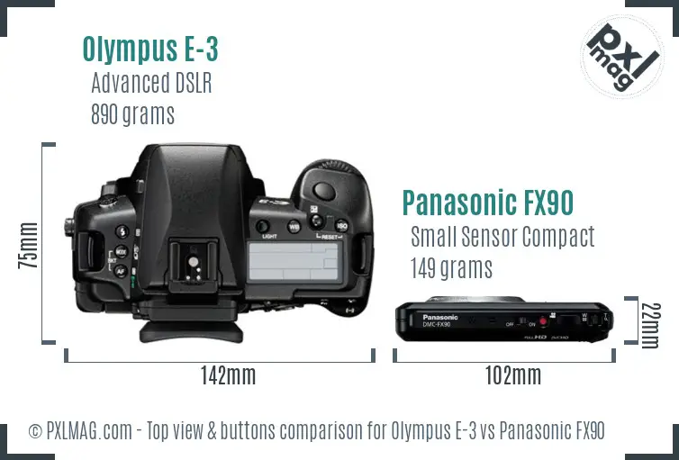 Olympus E-3 vs Panasonic FX90 top view buttons comparison