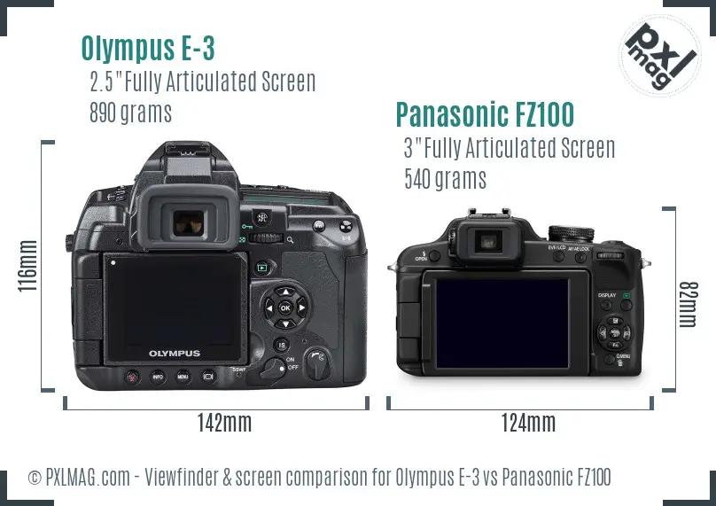 Olympus E-3 vs Panasonic FZ100 Screen and Viewfinder comparison