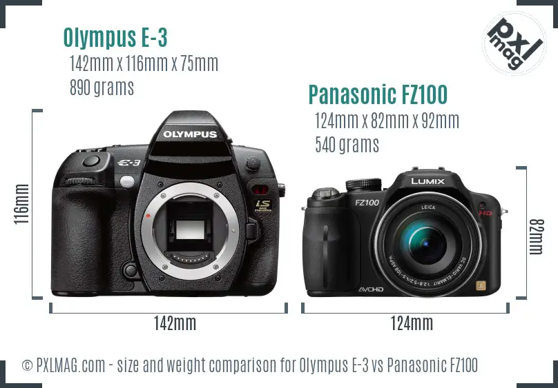 Olympus E-3 vs Panasonic FZ100 size comparison