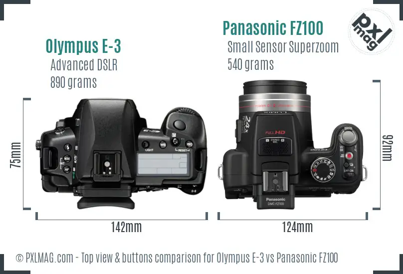 Olympus E-3 vs Panasonic FZ100 top view buttons comparison