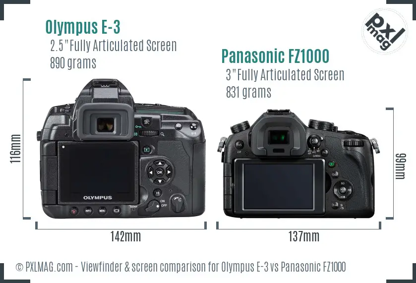 Olympus E-3 vs Panasonic FZ1000 Screen and Viewfinder comparison