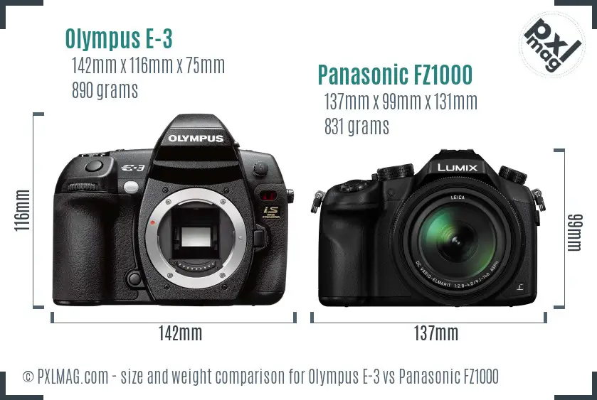 Olympus E-3 vs Panasonic FZ1000 size comparison