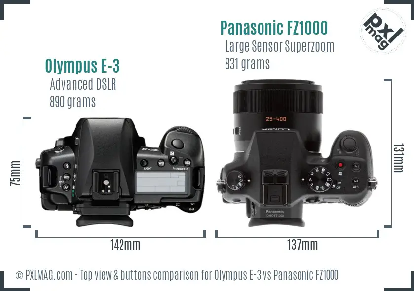 Olympus E-3 vs Panasonic FZ1000 top view buttons comparison