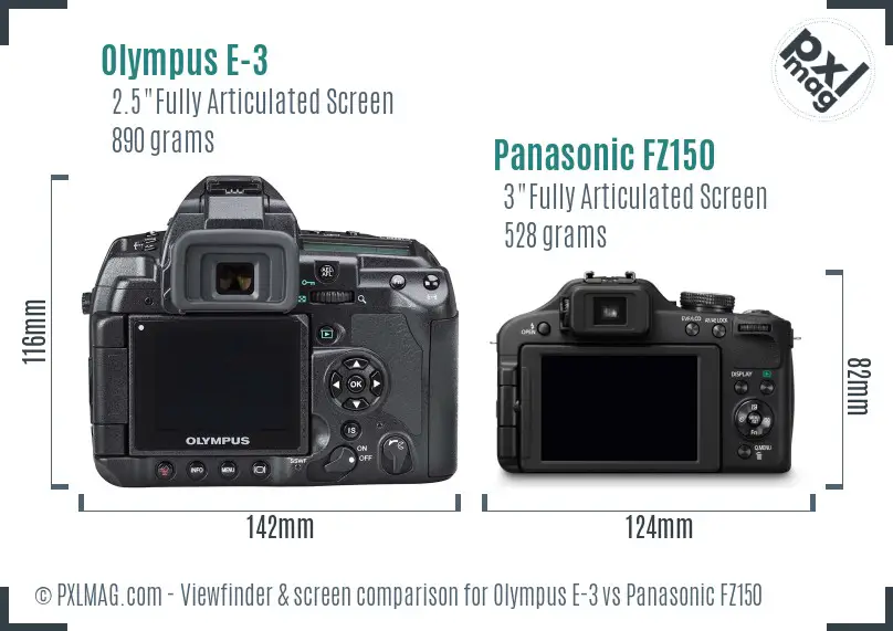 Olympus E-3 vs Panasonic FZ150 Screen and Viewfinder comparison