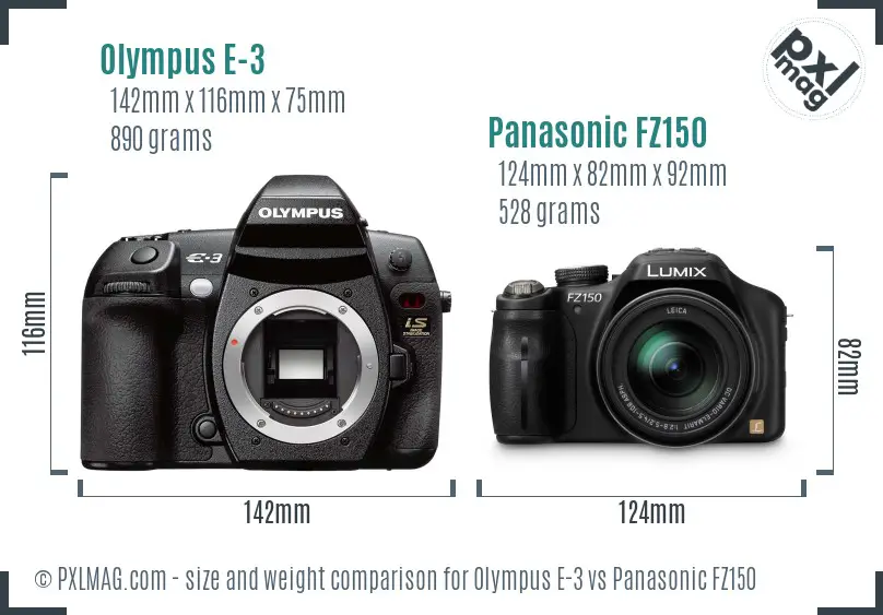 Olympus E-3 vs Panasonic FZ150 size comparison