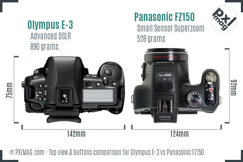 Olympus E-3 vs Panasonic FZ150 top view buttons comparison