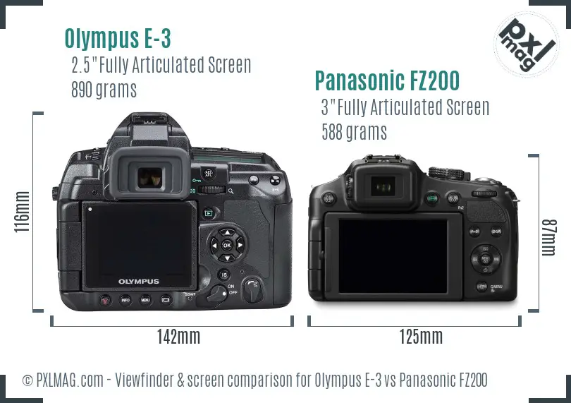 Olympus E-3 vs Panasonic FZ200 Screen and Viewfinder comparison