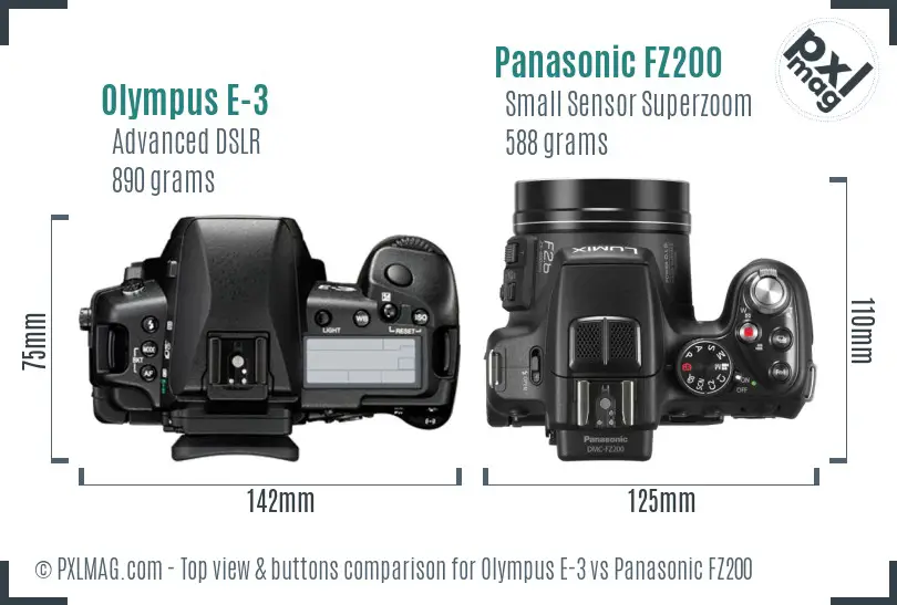 Olympus E-3 vs Panasonic FZ200 top view buttons comparison
