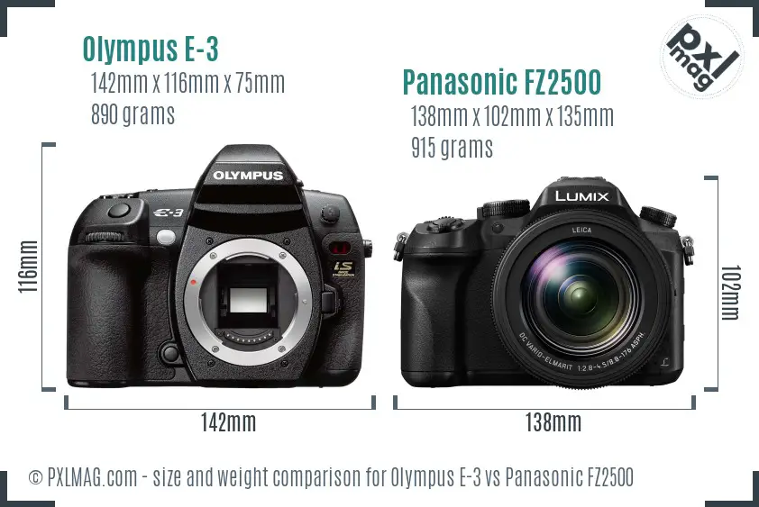 Olympus E-3 vs Panasonic FZ2500 size comparison