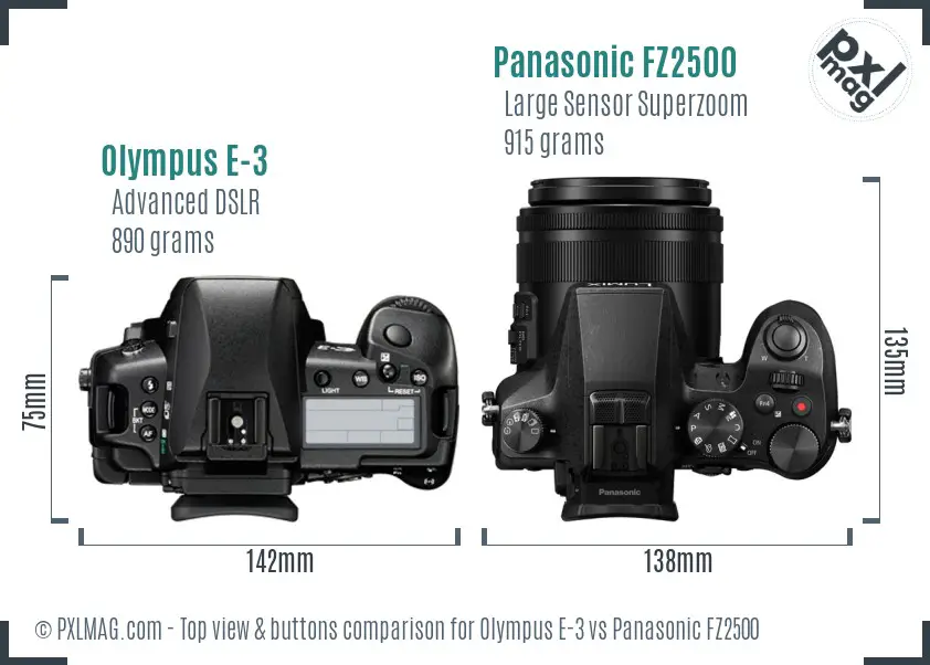 Olympus E-3 vs Panasonic FZ2500 top view buttons comparison