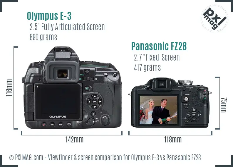 Olympus E-3 vs Panasonic FZ28 Screen and Viewfinder comparison
