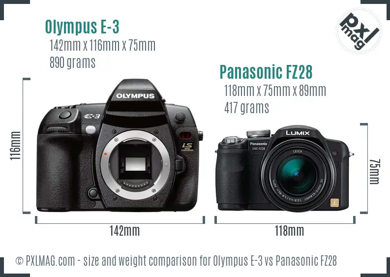 Olympus E-3 vs Panasonic FZ28 size comparison