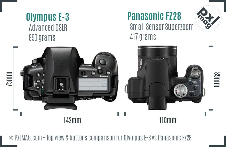 Olympus E-3 vs Panasonic FZ28 top view buttons comparison