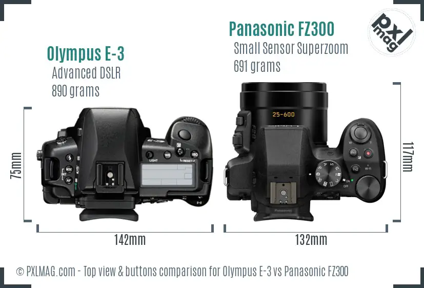 Olympus E-3 vs Panasonic FZ300 top view buttons comparison