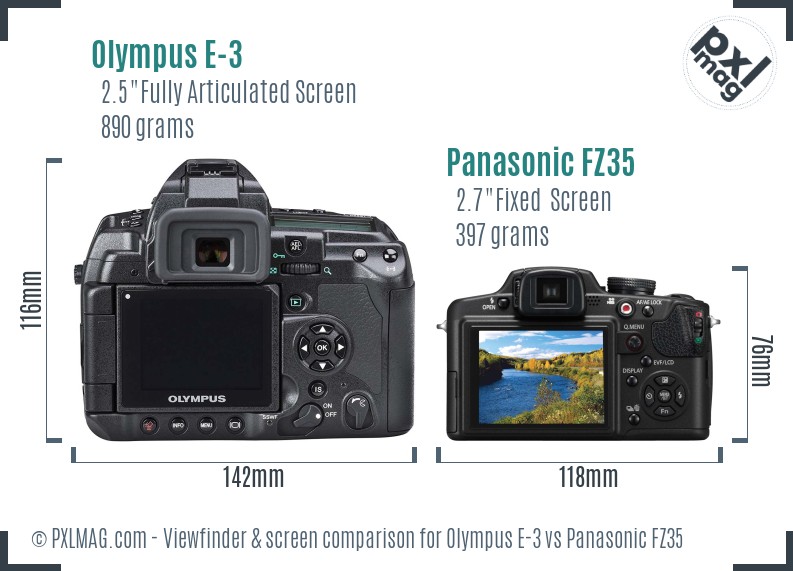 Olympus E-3 vs Panasonic FZ35 Screen and Viewfinder comparison