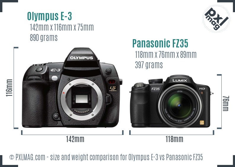 Olympus E-3 vs Panasonic FZ35 size comparison