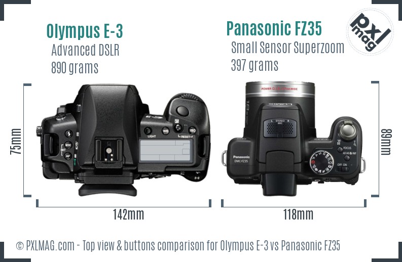 Olympus E-3 vs Panasonic FZ35 top view buttons comparison