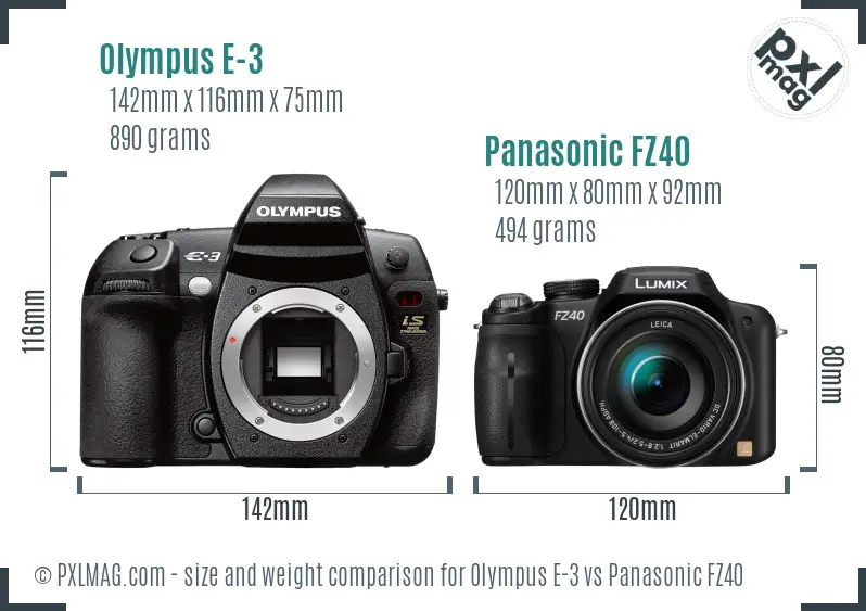 Olympus E-3 vs Panasonic FZ40 size comparison