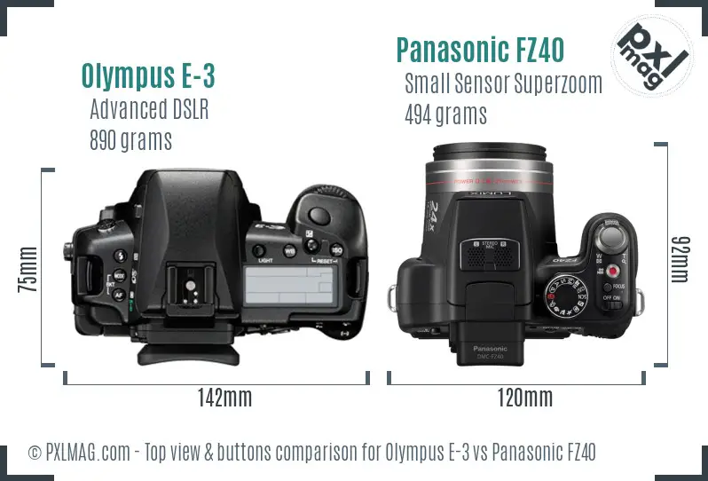 Olympus E-3 vs Panasonic FZ40 top view buttons comparison