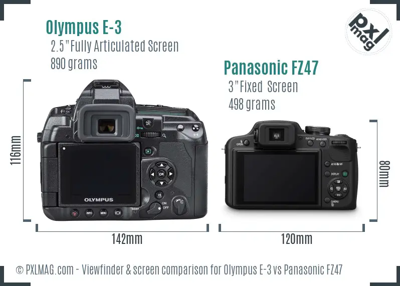 Olympus E-3 vs Panasonic FZ47 Screen and Viewfinder comparison